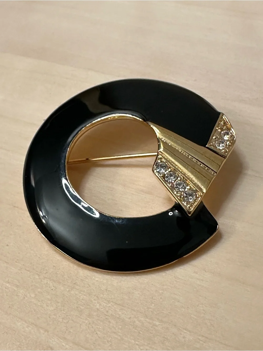 Vintage Monet Black Enamel Rhinestone Art Deco Revival Brooch